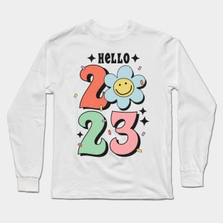 Hello 2023 Groovy Retro Happy Daisy Flower New Year Gift Long Sleeve T-Shirt